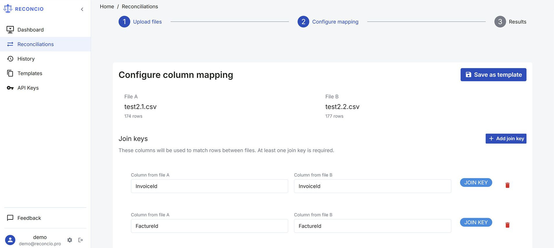 Column mapping — join keys configuration