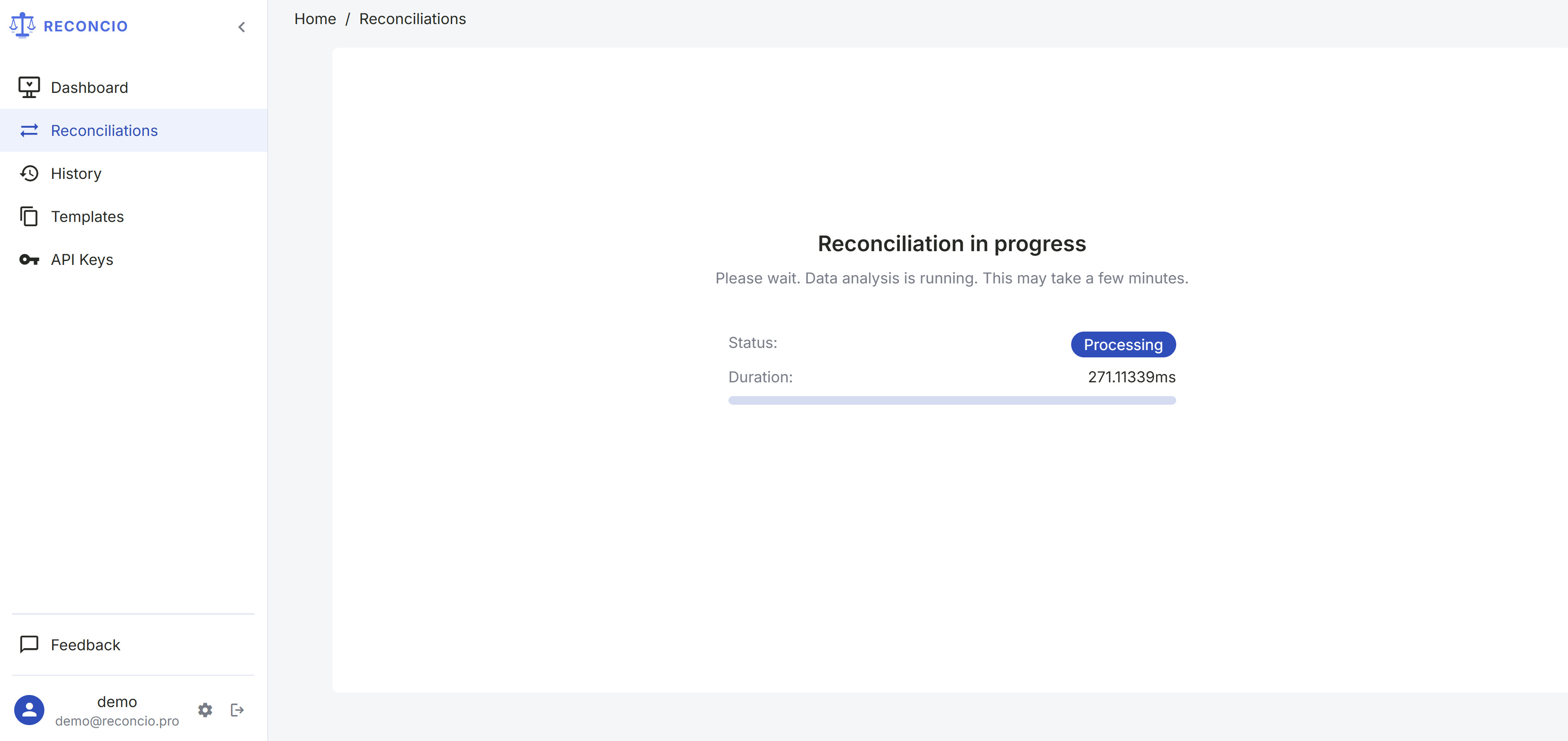 Processing screen — reconciliation in progress
