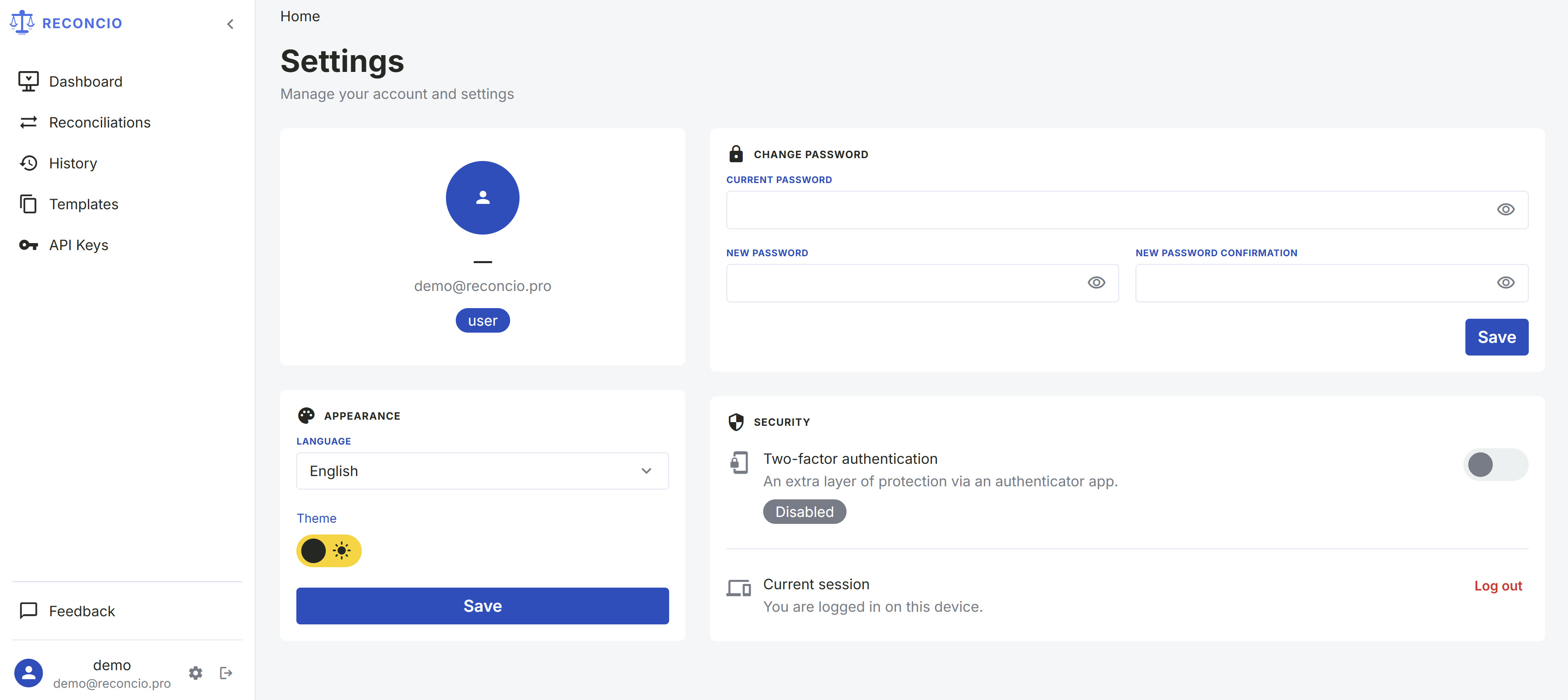 Settings — change password with strength indicator