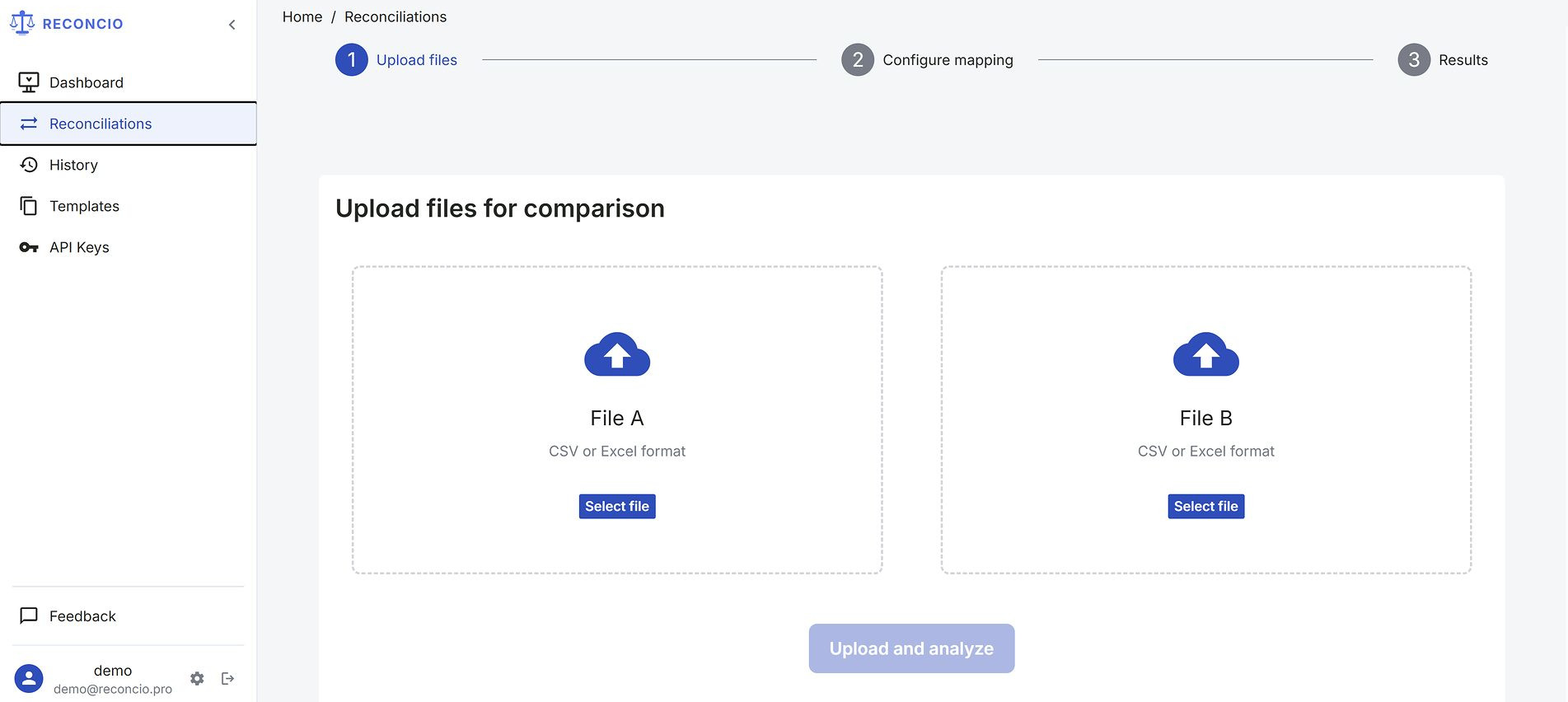 Upload screen — two drop zones